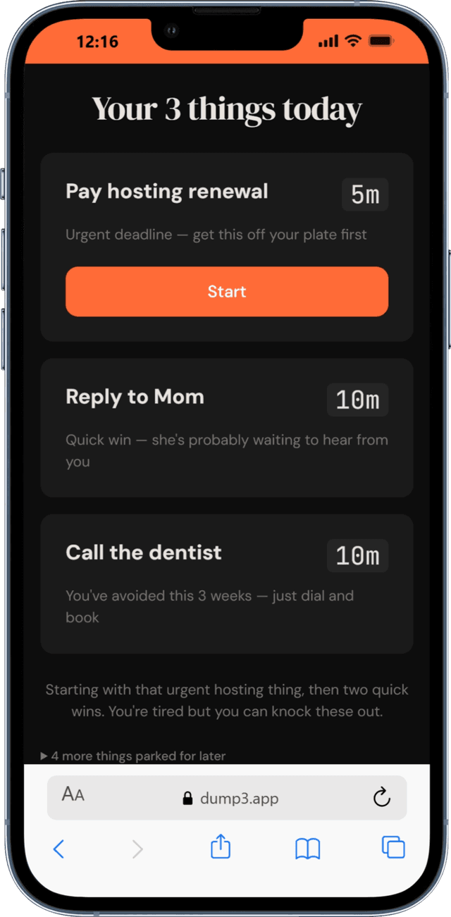 Dump3 shows your 3 tasks for today